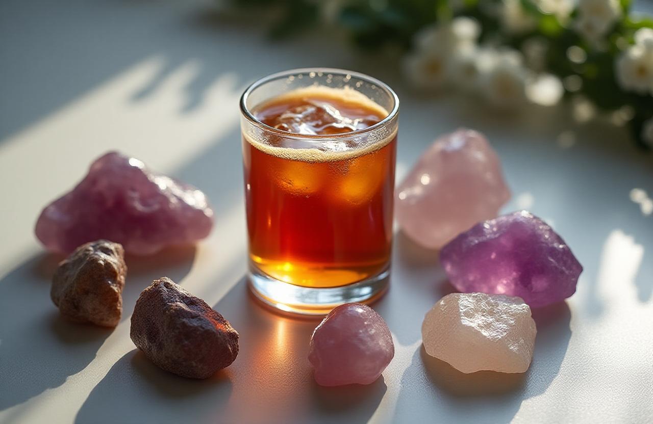 Caffè estratto a freddo accanto a cristalli di quarzo rosa e pietre minerali levigate